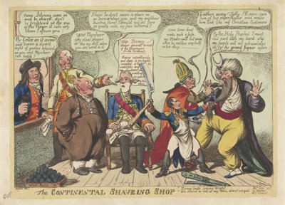 Napoleon jako holič pro evropské mocnosti, 1806 The Continental Shaving Shop (název na objektu) od Charles Williams