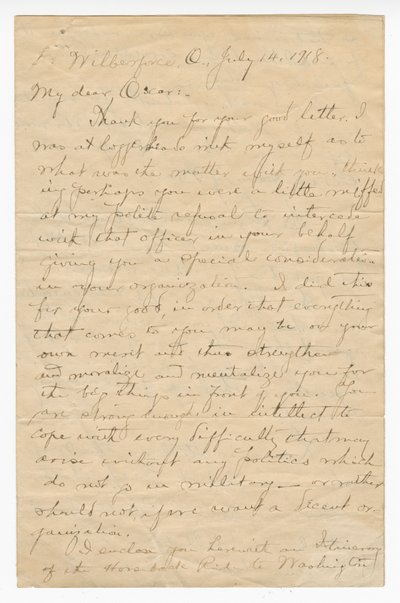 Dopis Oscaru W. Priceovi od plukovníka Charlese Younga, 14. července 1918. od Charles Young