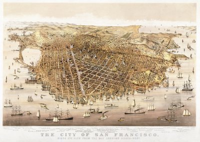 Město San Francisco, pohled z ptačí perspektivy ze zálivu při pohledu na jihozápad, publikoval Currier & Ives od Charles Richard Parsons