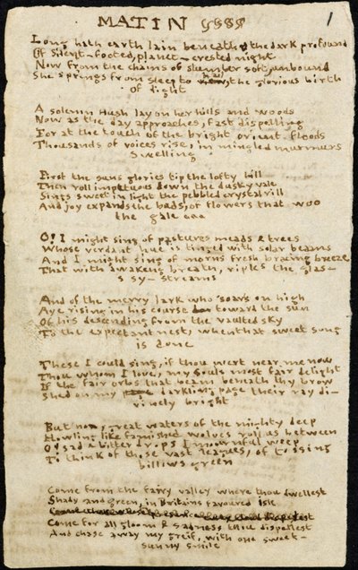 Báseň Charlotte Bronteové. Autografní poctivý opis básně "Matin", se škrty. 12. listopadu 1830, Haworth, co. York: 1830. Haworth, co. York. od Charlotte Bronte