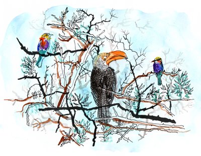 Bird in Tree, 2018 (pero, inkoust a akvarel) od Charlotte Orr