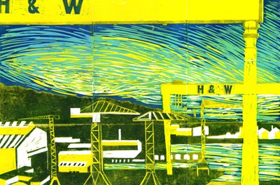Harland & Wolff Cranes, Belfast, 2022 (linotisk) od Charlotte Orr