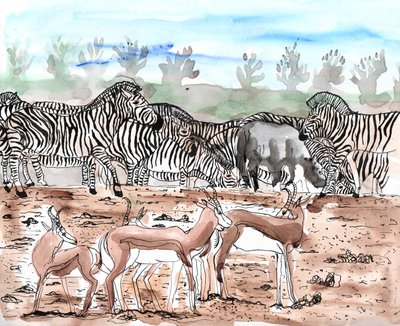 Safari 3, 2018 (inkoust a akvarel) od Charlotte Orr