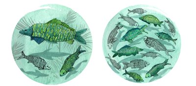 Small Fish Big Pond, 2018 (pero a inkoust, akvarel a digitální) od Charlotte Orr