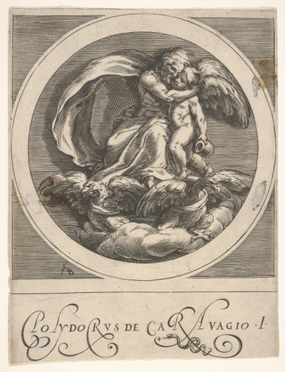 Jupiter, sedící nad dvěma orly a objímající Amora, kulatá kompozice ze série..., ca. 1590. od Cherubino Alberti