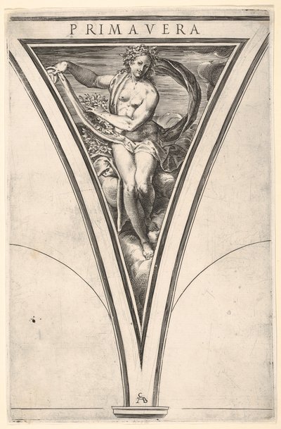Jarní Primavera reprezentovaná jako žena nesoucí vlající závěs a girlandy..., ca. 1570-1615. od Cherubino Alberti
