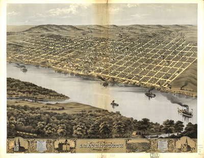 Pohled z ptačí perspektivy na město Leavenworth, Kansas 1869 od Chicago Lithographing Co.