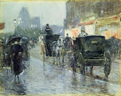 Horse Drawn Cabs at Evening, New York, cca 1890 (akvarel a kvaš na papíře) od Childe Frederick Hassam