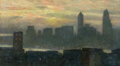 Mlhavý západ slunce na Manhattanu od Childe Frederick Hassam