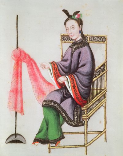 Číňanka vyrábějící rybářskou síť, období Qianlong (1736-96) (kvaš na papíře) od Chinese School