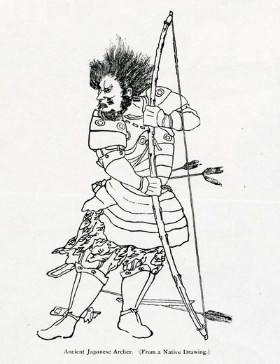 Starověký japonský lukostřelec, ilustrace z „Cestování Marca Pola“ od Marca Pola a Rustichella da Pisa, přeložil Henry Yule, poprvé publikováno v roce 1871 od Chinese School