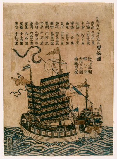 Čínská loď (Tosen Zu) se seznamem námořní cesty z Číny do Japonska, cca 1850 (barevný dřevotisk) od Chinese School