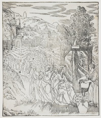 Kristus u studny, talíř od Giulio Alenis Tianzhu jiangsheng zhuxiang jingjie (Ilustrovaná historie Pána nebes, který se vtělil do těla), kostel Jinjiang, provincie Fujian, Chi od Chinese School