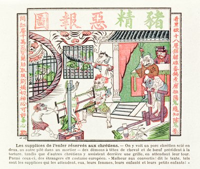 Křesťanské prase je rozřezáno napůl, zatímco druhé je rozdrceno v hmoždíři, tresty čekající na konvertity ke křesťanství, 1891 od Chinese School