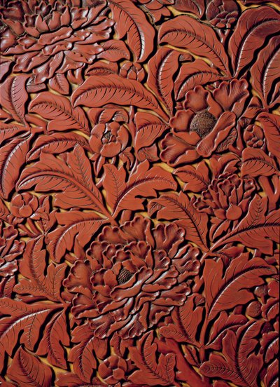 Detail z vyřezávané misky se značkou Xuande (1426-36) na základně, čínský (červený lak na dřevě) od Chinese School
