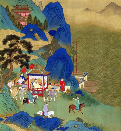 Císař Čchin Wang Ti (221-206 př. n. l.) cestující v palantíru, z dějin čínských císařů (barva na hedvábí) od Chinese School