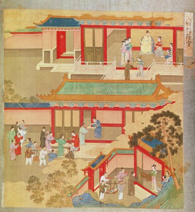 Císař Hsuan Tsung (712-756 nl) doma, z historie čínských císařů (barva na hedvábí) od Chinese School