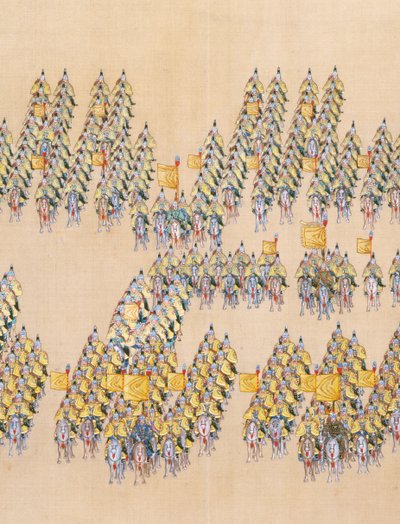 Recenze císaře Qianlonga na velkolepou přehlídku vojsk, handscroll od Chinese School