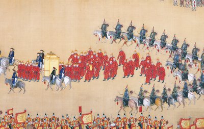 Recenze císaře Qianlonga na velkolepou přehlídku vojsk, handscroll od Chinese School