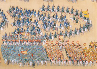 Recenze císaře Qianlonga na velkolepou přehlídku vojsk, handscroll od Chinese School