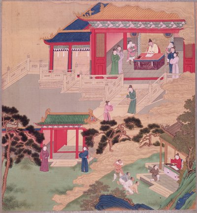 Císař Tai Tsung (r.762-779) čte lékařský svazek z historie čínských císařů (barva na hedvábí) od Chinese School