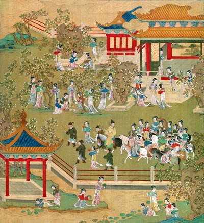 Císař Yang Ti (581-618) procházející se po zahradách se svými manželkami, z historie čínských císařů (barva na hedvábí) (viz také 176855) od Chinese School