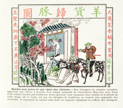Evropští cizinci u brány Konfuciova chrámu – jejich dar kozy je s pohrdáním odmítnut, 1891 od Chinese School