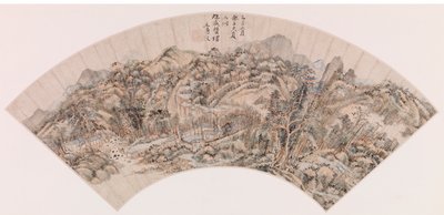 Vějíř zobrazující hornatou krajinu (inkoust na papíře) od Chinese School