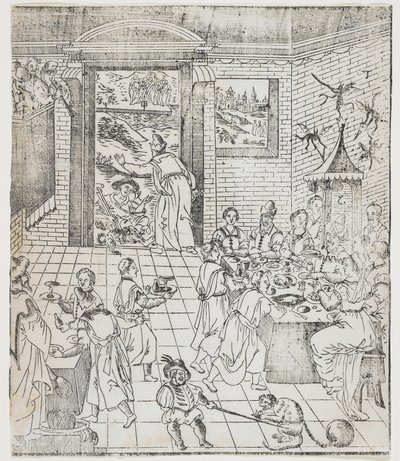 Lazarus v domě bohatého muže, deska od Giulio Alenis Tianzhu jiangsheng zhuxiang jingjie (Ilustrovaná historie Pána nebes, který se vtělil do těla), Jinjiang Church, Fu od Chinese School
