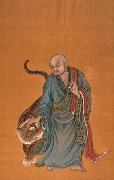 Lohan s tygrem, konec 18. až začátek 19. století (barva na hedvábí) od Chinese School