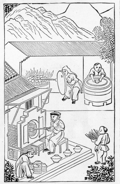 Otevírání a zavírání pecí, ze série ilustrací o výrobě porcelánu (viz 384116 a 384117 pro celou sérii) od Chinese School