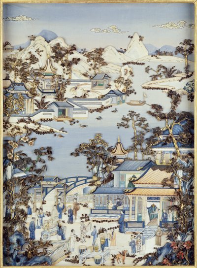 Panely zobrazující postavy na terase, období Qianlong, 1736-95 (polychromovaná slonovina) (jeden z páru) (viz 206571, 206573) od Chinese School