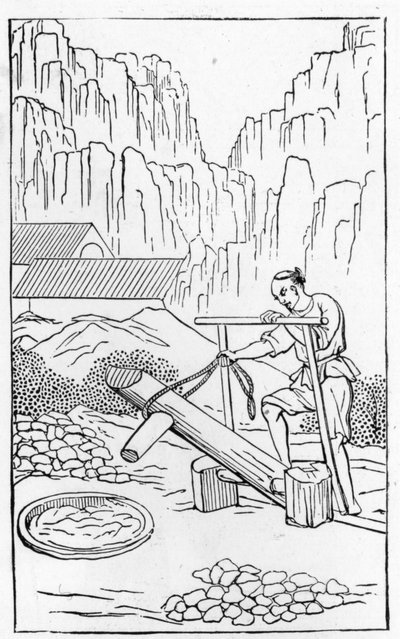 Tlučení hlíny, ze série ilustrací výroby porcelánu (viz 384116 a 384117 pro celou sérii) od Chinese School