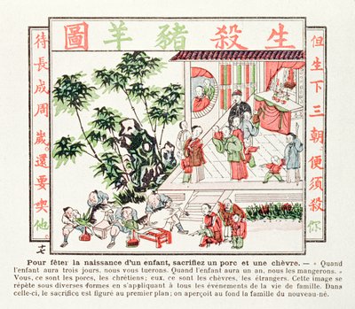 Obětování prasete a kozy na oslavu narození dítěte, 1891 od Chinese School