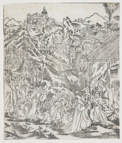 Klanění Krista, talíř od Giulio Alenis Tianzhu jiangsheng zhuxiang jingjie (Ilustrovaná historie Pána nebes, který se vtělil do těla), kostel Jinjiang, provincie Fujian od Chinese School