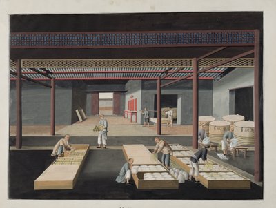 The Crating and Packing of Bowls and Misky, deska 12 v sérii dvanácti zobrazující proces výroby čínského porcelánu, 19. století od Chinese School