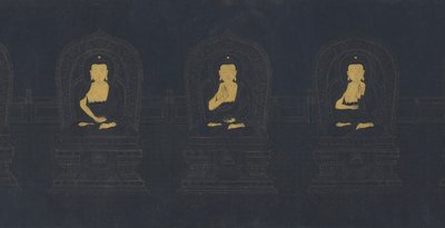 Sedm Buddhů minulosti, možná dynastie Ming (zlatý a bílý pigment na tmavě modrém papíře) od Chinese School