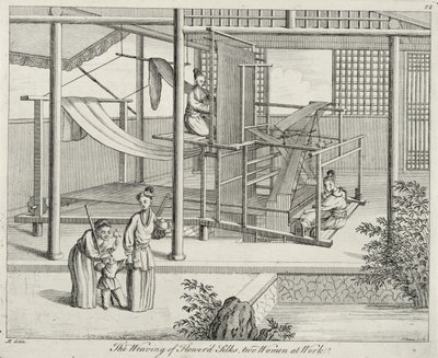„Tkaní květin, hedvábí, dvě ženy v práci, Čína, konec 18. století od Chinese School