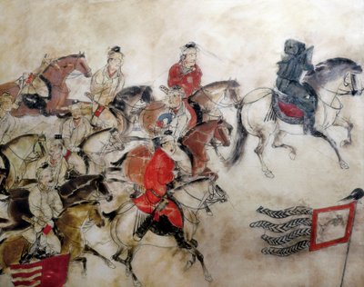 Hrobka prince Zhanghuai, lovecká scéna s koňmi, Xian, období Han, 706 (nástěnná malba) od Chinese School