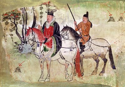 Dva jezdci v krajině, Bódhisattva a jeho Equerry, období Tang (malovaný kámen) od Chinese School