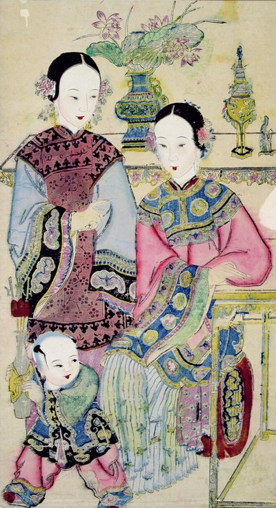 Dvě ženy s dítětem, Yangliuqing (barevný dřevoryt) od Chinese School