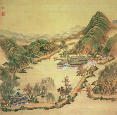Pohled na Letní palác, Peking (barva na hedvábí) od Chinese School