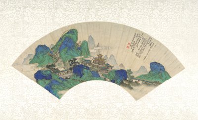 Palaces of the Immortals, skládací vějíř upevněný jako list alba, 1753 (inkoust, barva a zlato na papíře) od Chinese School Chinese School