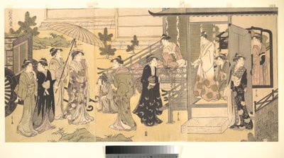 Převlečená scéna z Příběhu o Gendžim (Fūryū Yatsushi Genji), kapitola 33, „Listy vistárie (Fuji no uraba)“ od Chobunsai Eishi