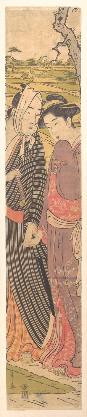 Ein Mann und ein Mädchen gehen in den Reisfeldern od Chobunsai Eishi