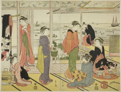 V domě rozkoše v Šinagawě (Šinagawa no rojo) (barevný dřevoryt; dva listy z triptychu oban) od Chobunsai Eishi