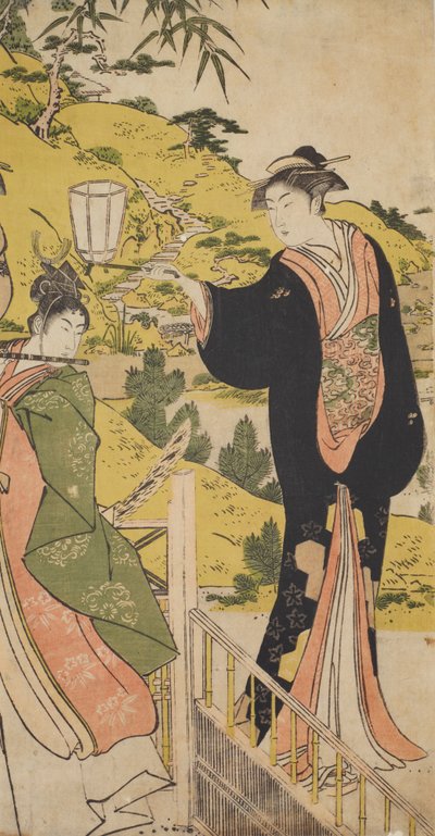 Junger Mann, der Flöte spielt, und Frau mit Laterne od Chobunsai Eishi