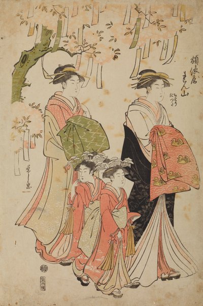 Oiran Renzan, rozená Tawaraya, se svou společnicí a dvěma kamuro, Chidori a Tatsutou od Chobunsai Eishi
