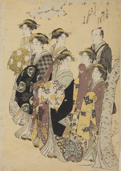 Šest oiran na procházce s dívkou a mužem od Chobunsai Eishi