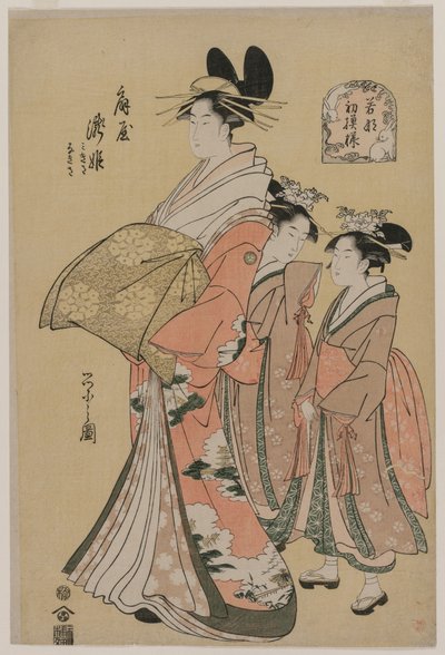 Kurtizána Takihime a průvodci ze série Nové vzory mladých zelených, 1795. od Chobunsai Eishi